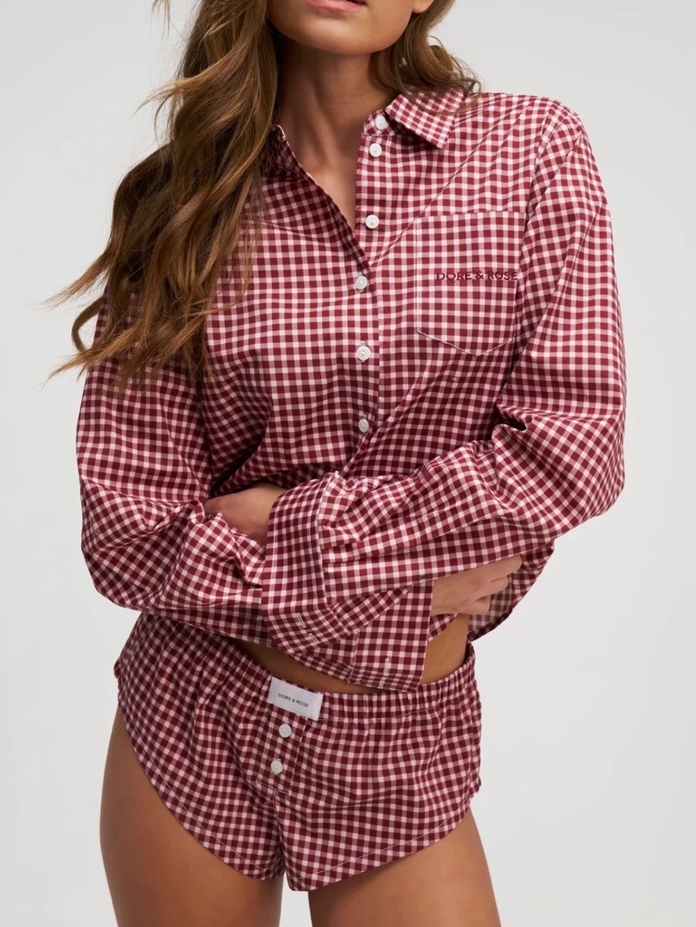 Dore & Rose Red Gingham Button-Front Pajama Set with Shorts - Picture 2 of 12